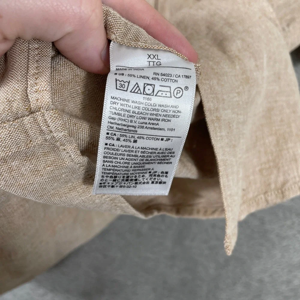 Banana Republic Shirt Mens 2XL Tan Linen Blend Short Sleeve Slim Fit Button Down